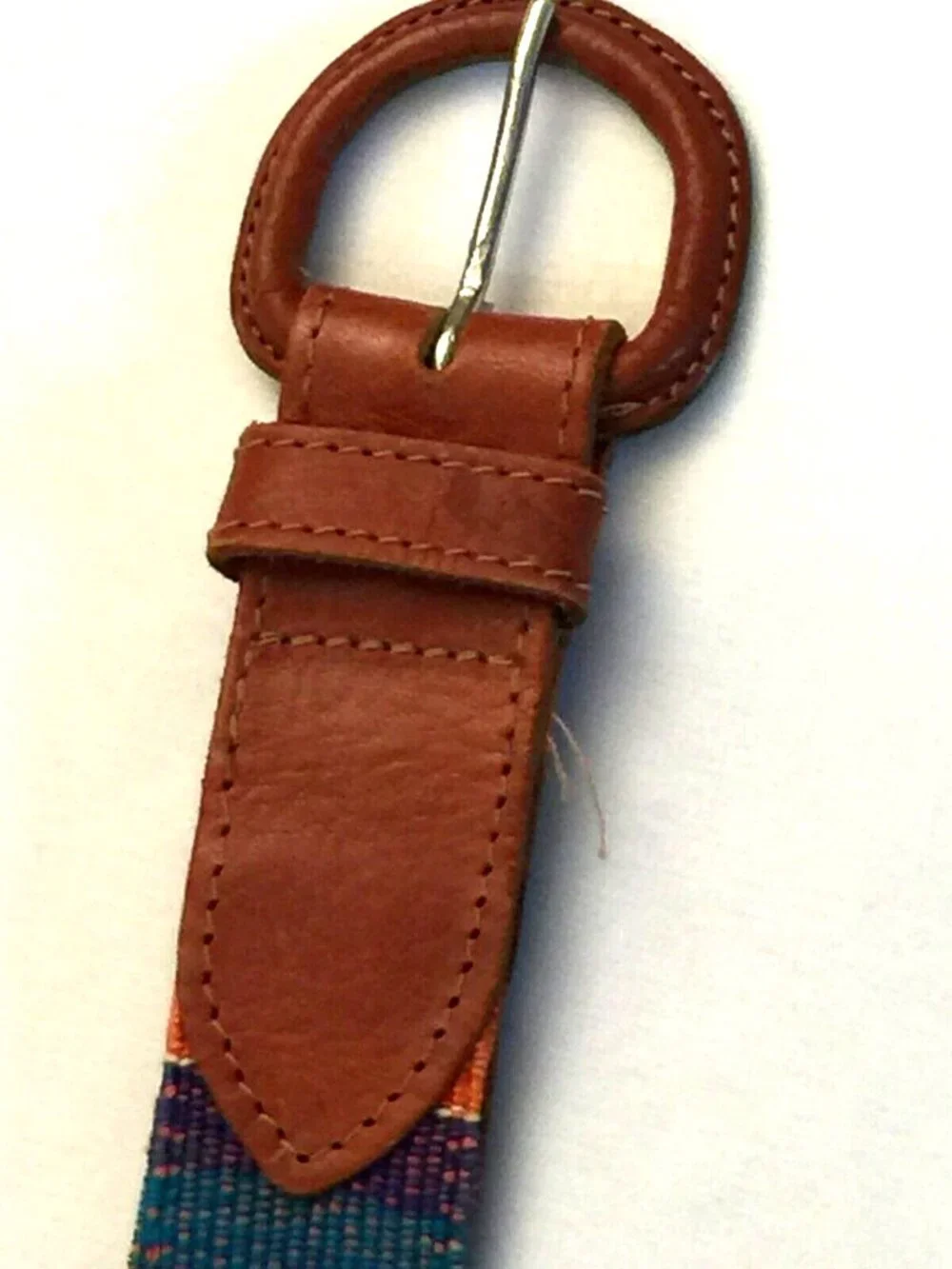 VINTAGE GUATEMALAN MULTICOLOR HANDWOVEN TEXTILE BUCKLE LEATHER BELT WOMENS 30
